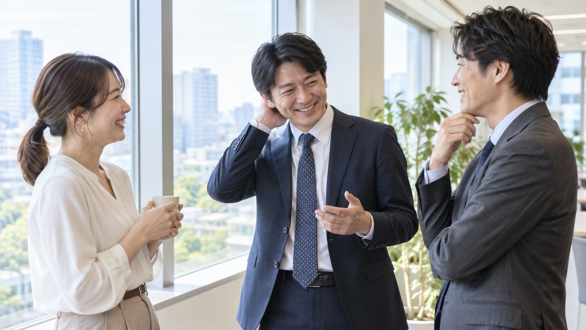 オフィスの窓際で和やかに立ち話をする同僚たち