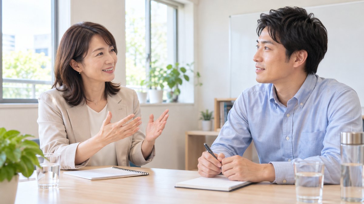 講師と向き合って目線の置き方を練習する男性
