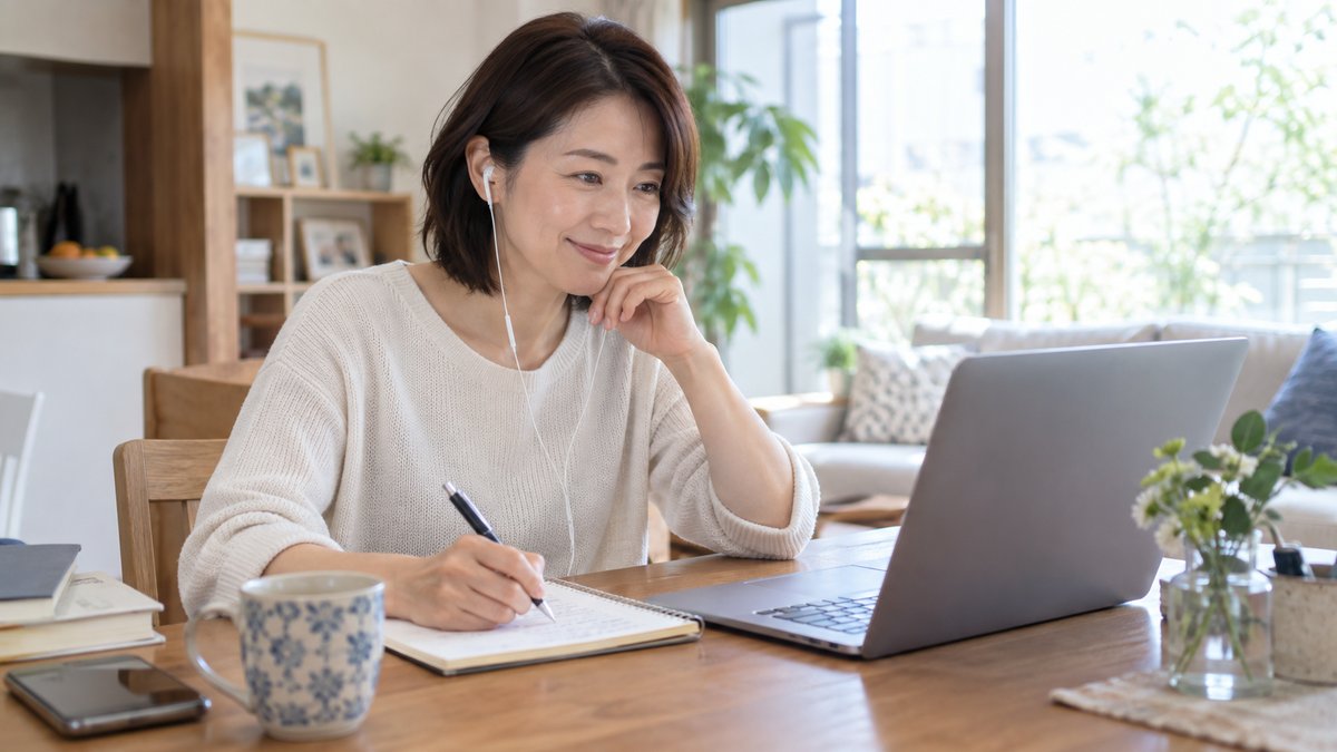 イヤホンでオンライン勉強会を聞きながらメモを取る女性
