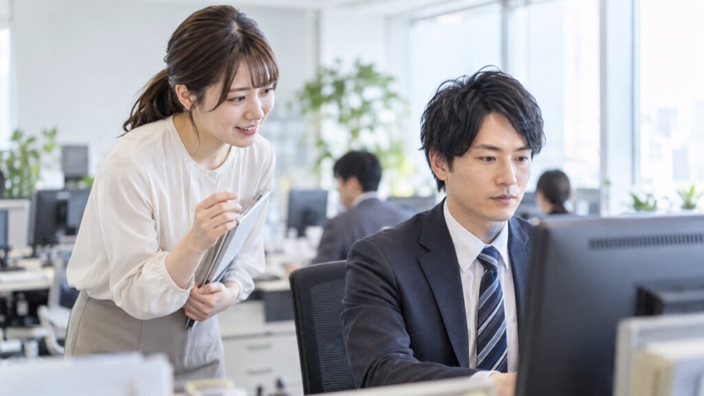 無表情な同僚に笑顔で話しかけようとする女性社員