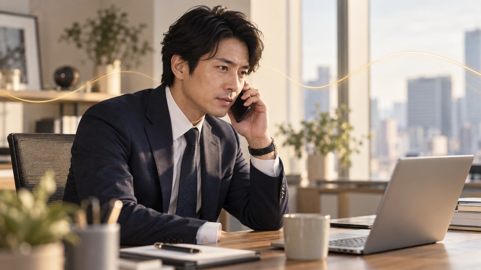 電話越しの声のトーンに耳を傾けるビジネスパーソン