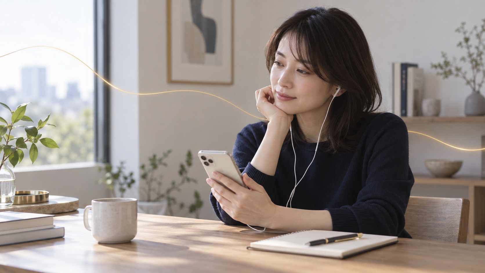 自分の話し方を録音して客観的に聴き返す女性