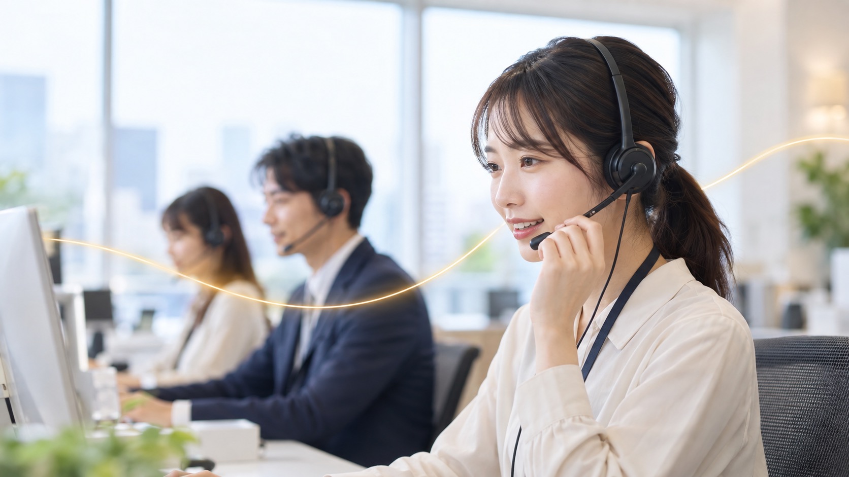 ヘッドセットで丁寧に電話対応するオペレーター