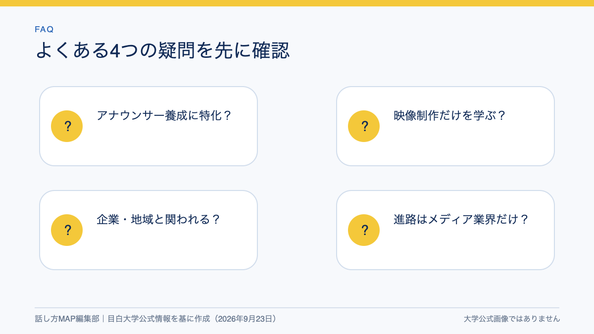 アナウンサー養成、映像制作、社会連携、進路に関する疑問