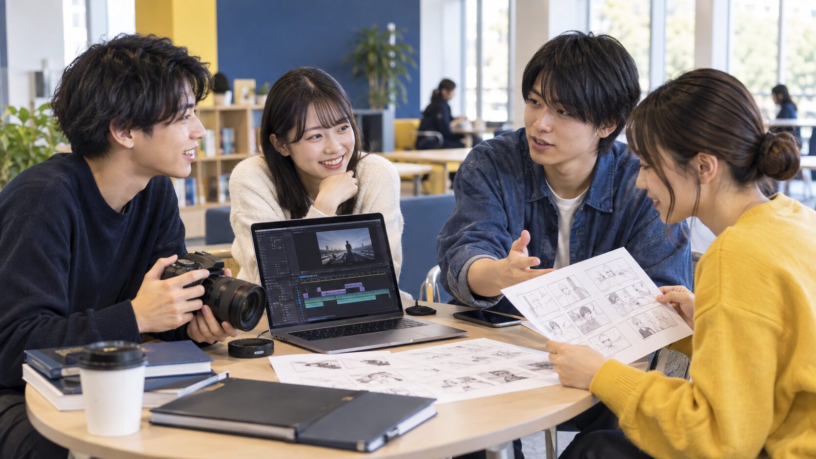 映像・写真・ストーリーボードを囲み、メディア分野の学びを検討する大学生のイメージ