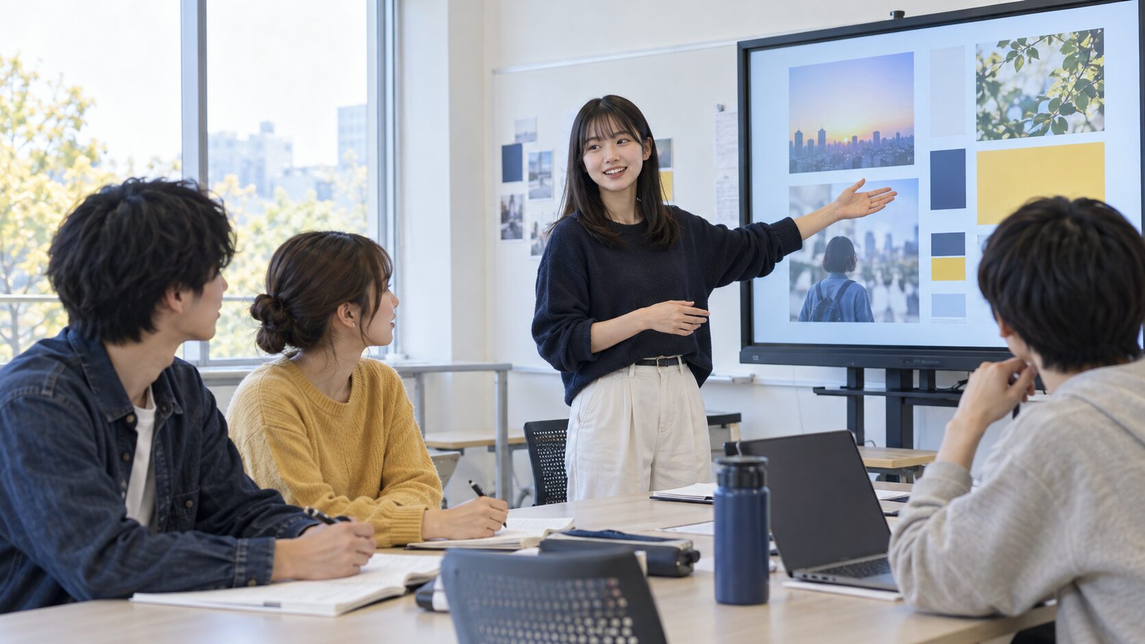 メディア企画を画面で示しながら仲間にプレゼンテーションする大学生のイメージ