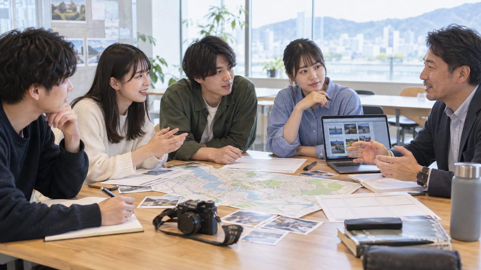 地域の担当者と地図や写真を囲み、広報企画を話し合う大学生のイメージ