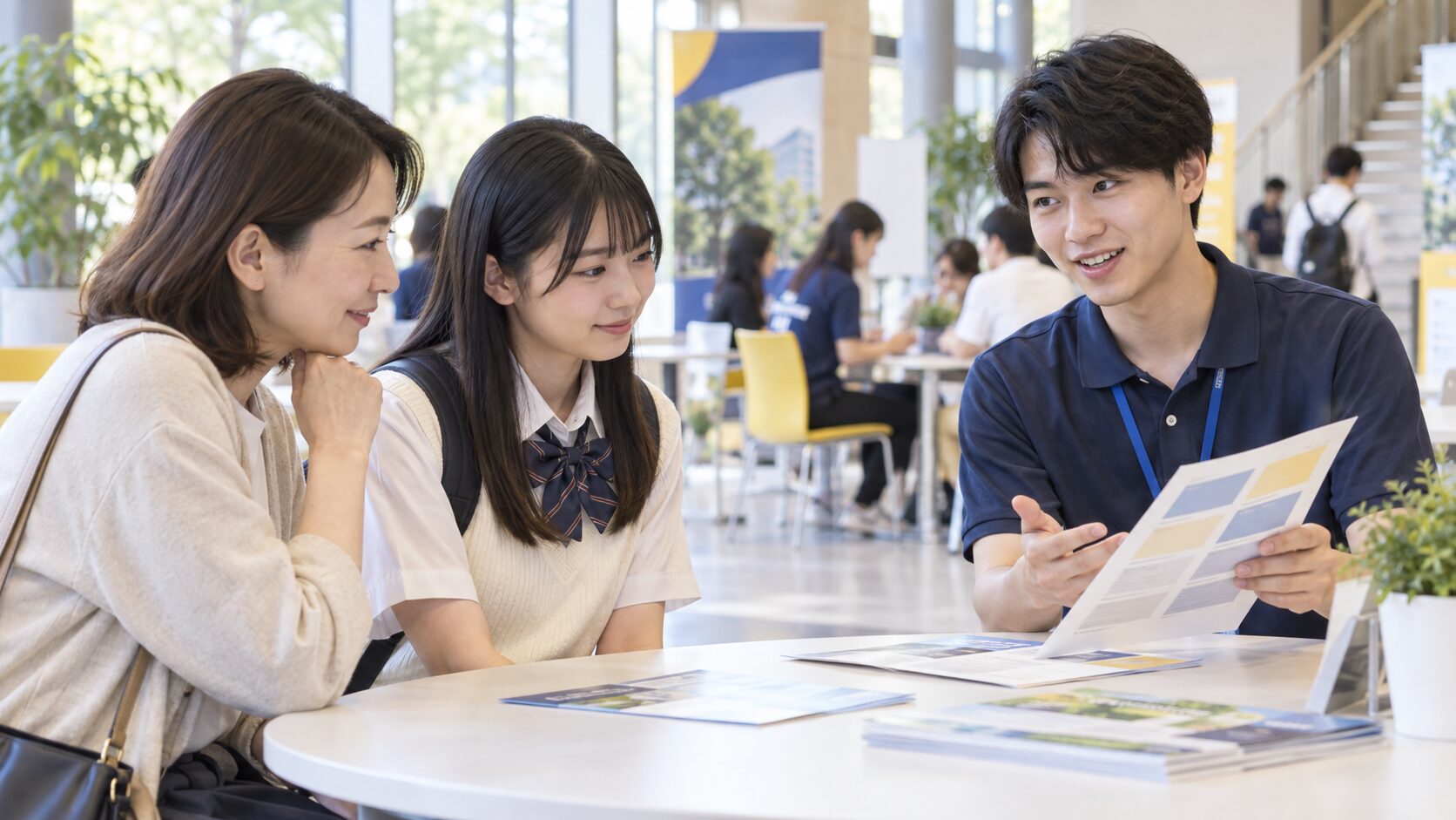 オープンキャンパスで学生ガイドに学科の説明を聞く高校生と保護者のイメージ