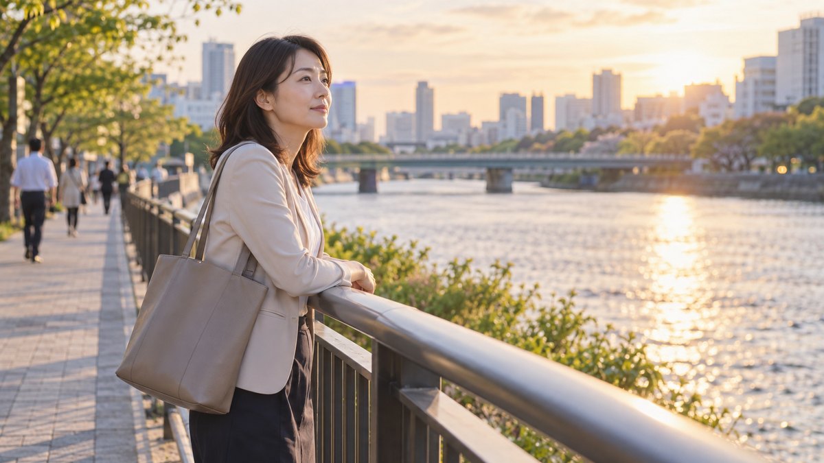 仕事帰りに川沿いで立ち止まり、自分の気持ちを振り返る女性