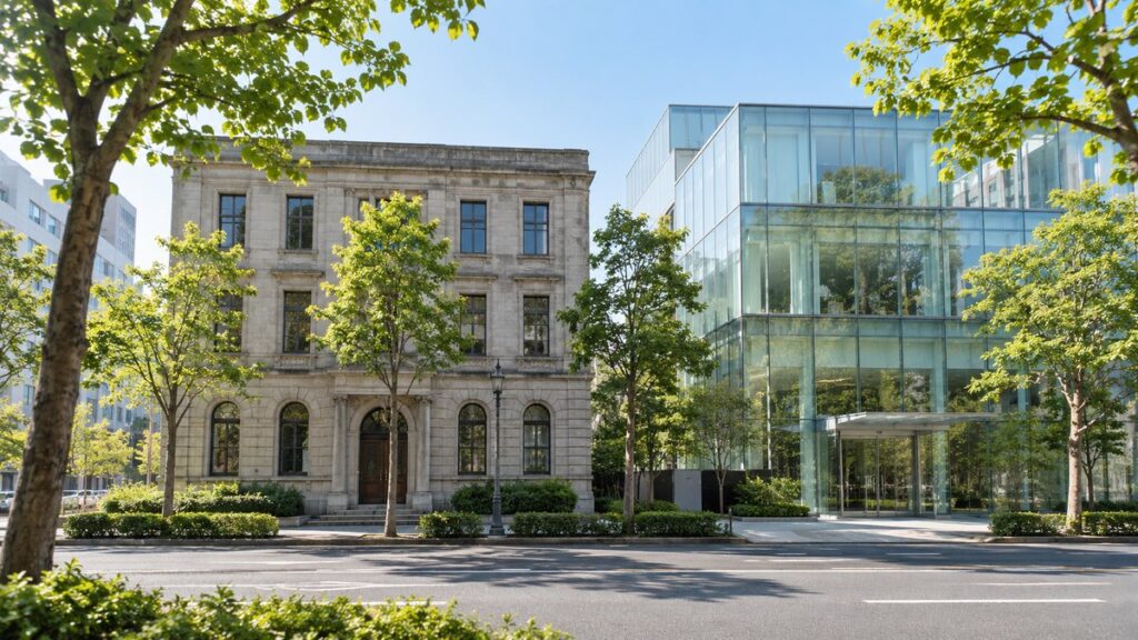 石造りの古い社屋と、隣に建つ新しいガラス張りの社屋が並ぶ朝の街並み