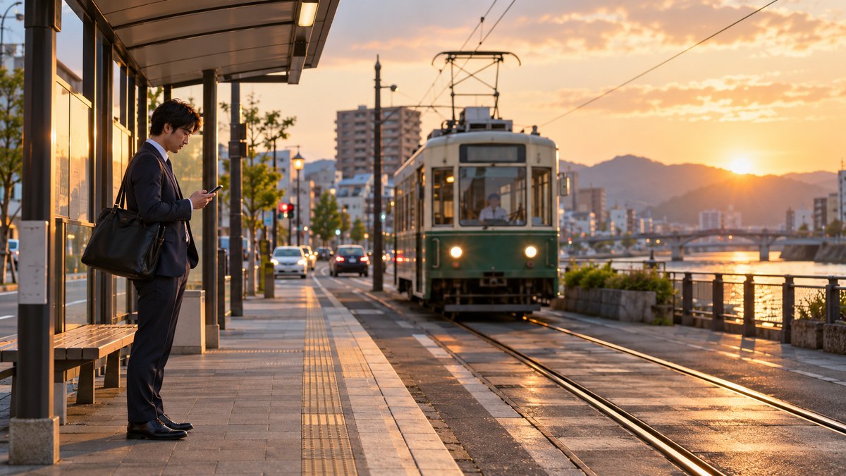 平日の夕方、地方都市の路面電車の停留所で、30代の男性会社員がビジネスバッグを肩にかけ、スマホを見ながら電車を待っている遠景。停留所や電車の文字は見えない