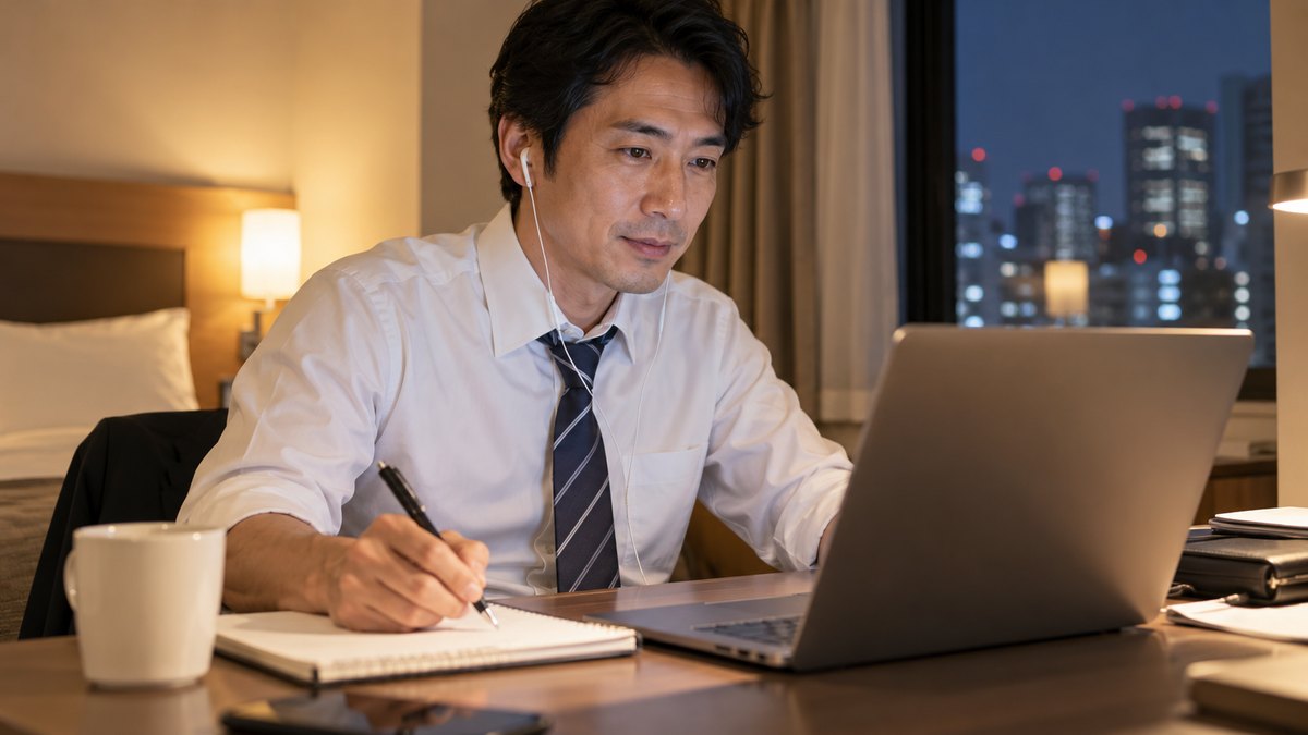 平日の夜、出張先のビジネスホテルの部屋の机で、40代の男性会社員がワイシャツ姿でノートパソコンに向かい、イヤホンをつけてオンラインの授業を受けながらメモを取っている近景。パソコンの画面の文字は見えない