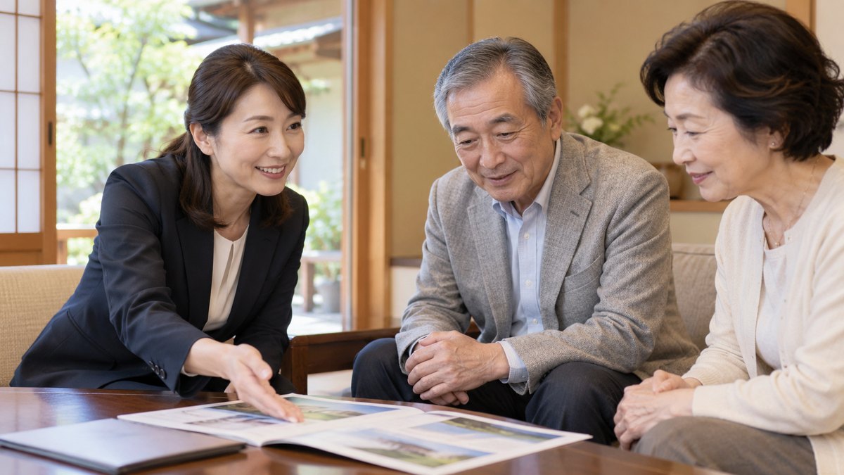 平日の昼、取引先の落ち着いた和風の応接室で、40代の女性営業がソファに座る年配の夫婦2人に、テーブルの上のパンフレットを手で示しながら笑顔で説明している近景。パンフレットや壁の文字は見えない