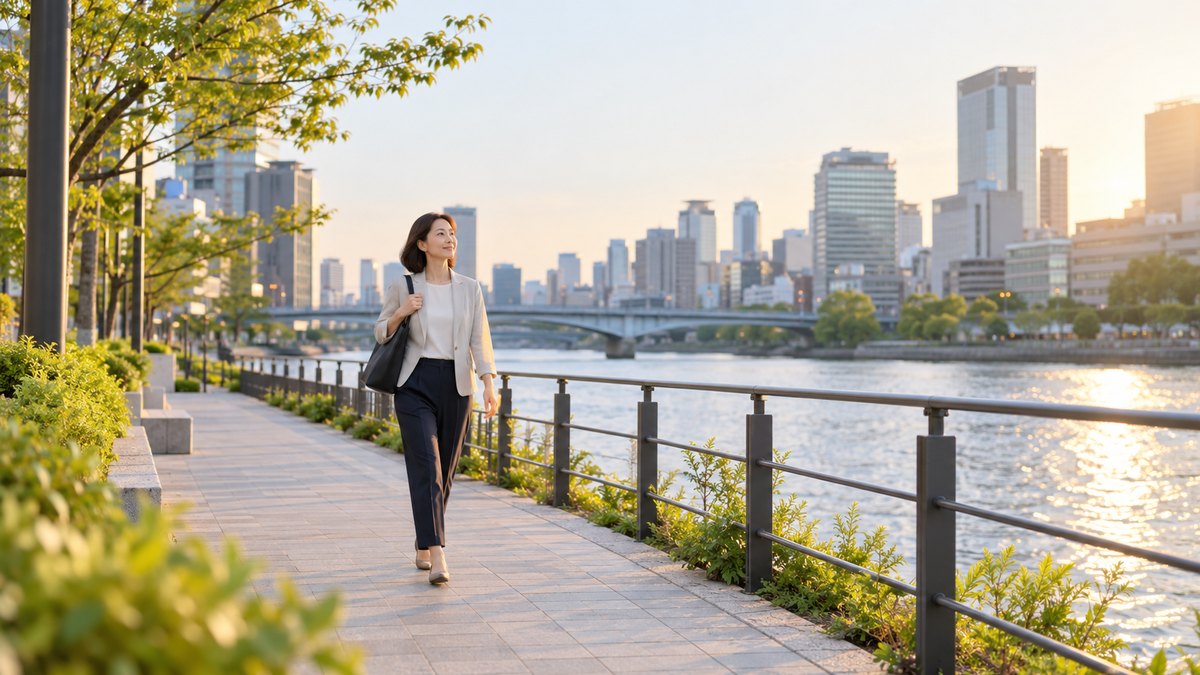 平日の夕方、大阪の川沿いの明るい遊歩道を、40代の女性会社員がトートバッグを肩にかけ、穏やかな表情で歩いている遠景。看板や建物の文字は見えない