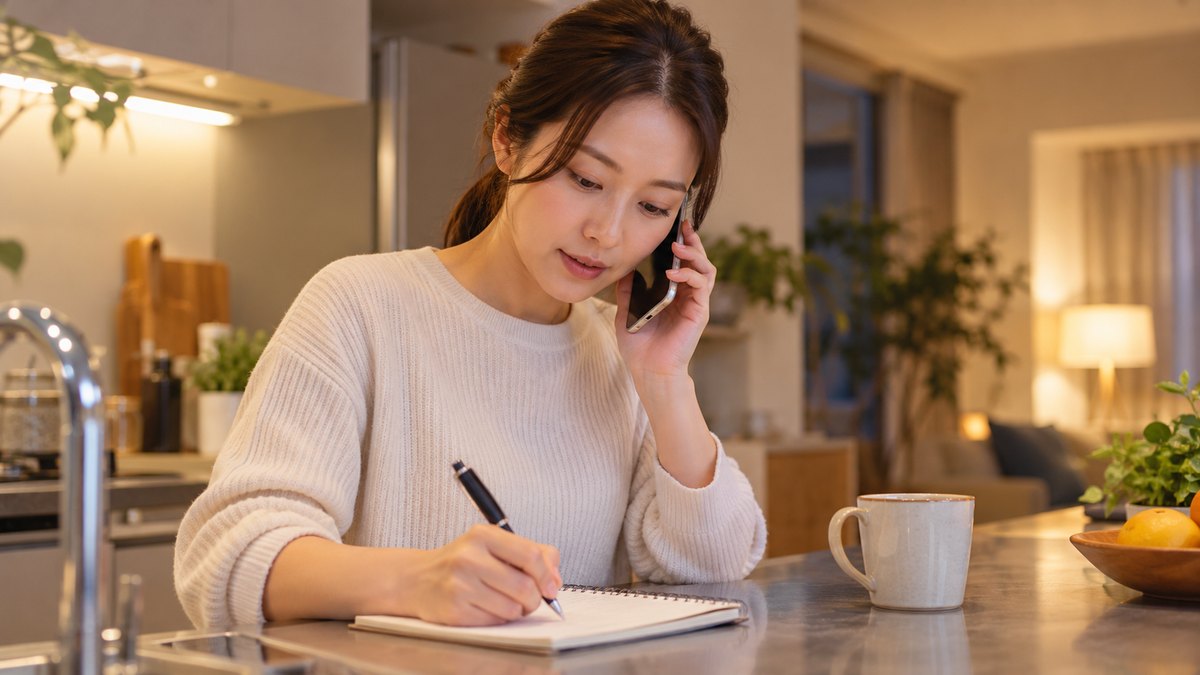 平日の夜、自宅のキッチンカウンターで、30代の女性がスマホを耳に当てて電話で問い合わせをしながら、カウンターの上のメモ帳にペンで書き込んでいる近景。メモやスマホの文字は見えない
