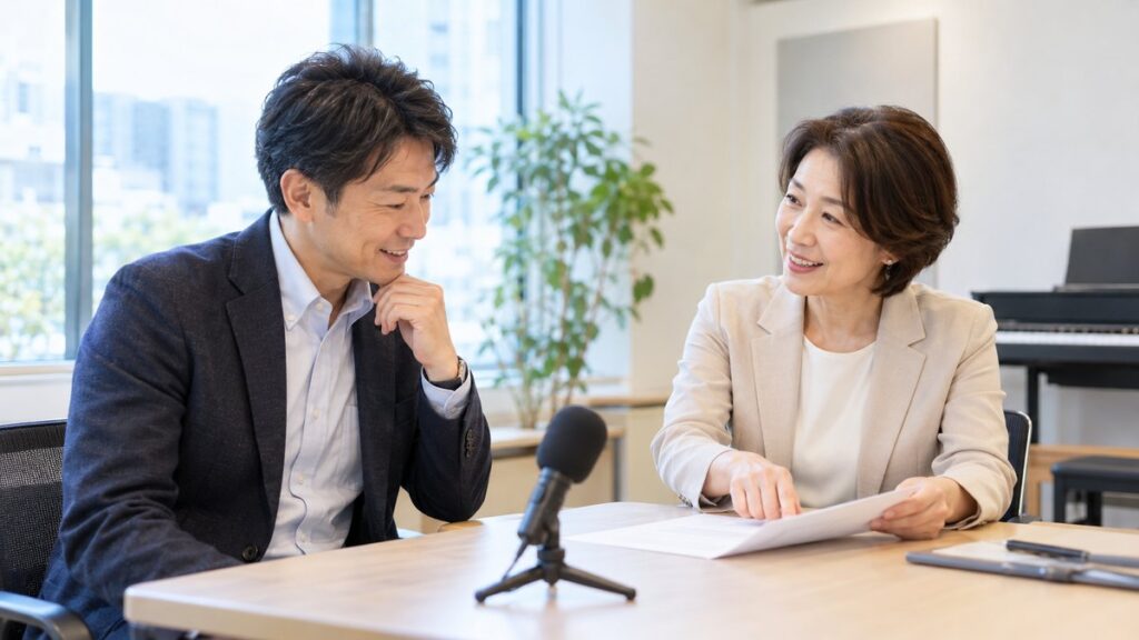 仕事帰りのアナウンス講座のレッスンルームで、女性講師と原稿を見ながら相談する40代の男性会社員