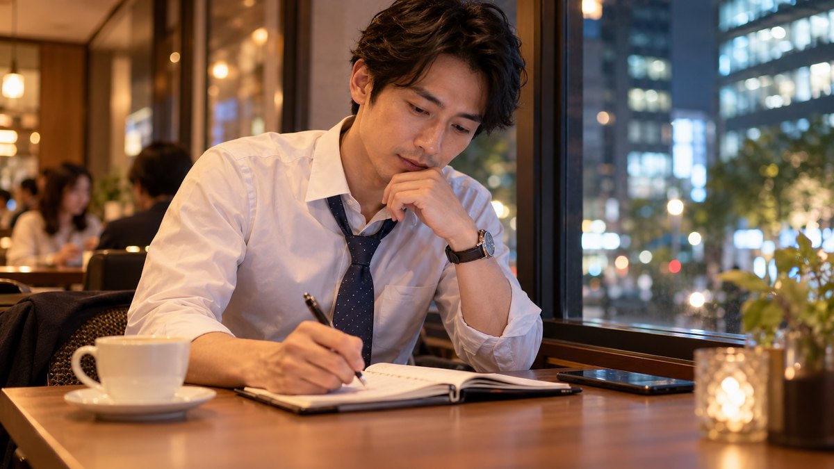 平日の夜、オフィス街の駅に近い落ち着いたカフェの窓ぎわの席で、30代の男性会社員がネクタイをゆるめ、手帳を開いてペンで予定を書き込みながら考えている近景。手帳の文字は読めない