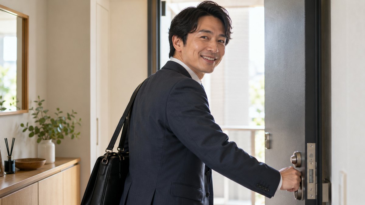 朝、マンションの玄関で、40代の男性会社員がジャケットを着てビジネスバッグを持ち、ドアノブに手をかけて前向きな表情で振り返っている近景。文字は見えない