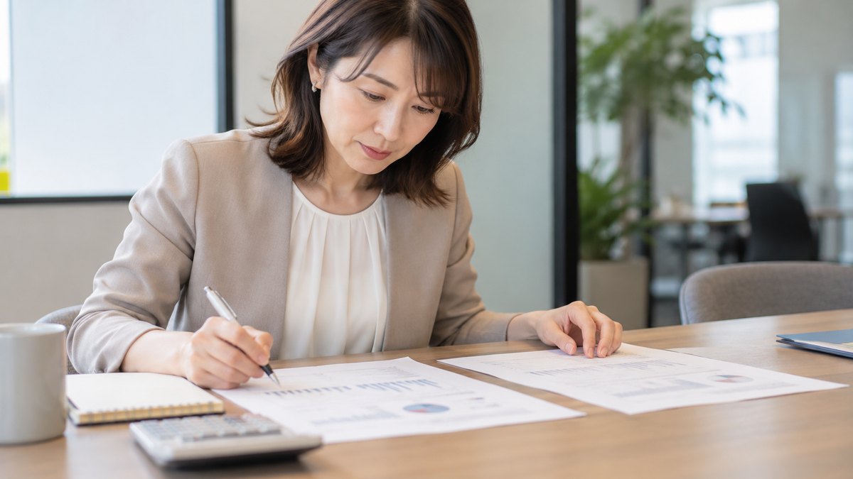 平日の昼休み、オフィスの小さな打ち合わせスペースで、40代の女性会社員がノートと電卓を前に座り、印刷した2枚の資料を並べてボールペンで印をつけながら見比べている近景。資料と電卓の文字や数字は読めない