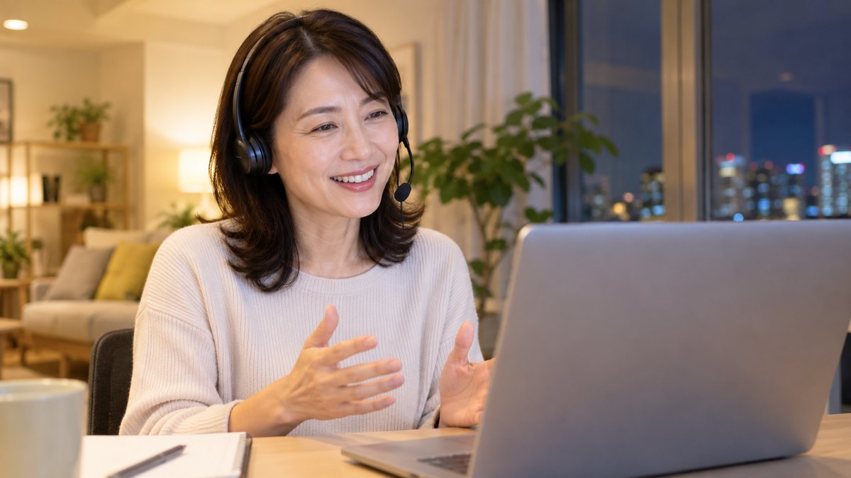 平日の夜、マンションの明るい部屋の机で、40代の女性がヘッドセットをつけてノートパソコンに向かい、オンラインのマンツーマンの授業で講師に向かって笑顔で話している近景。パソコンの画面の文字は見えない