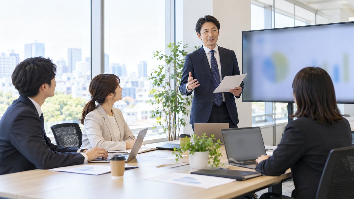 平日の午後、会社の明るい会議室で、40代の男性会社員が同僚3人の前に立ち、手元の資料を持ちながら落ち着いて説明している遠景。資料やモニターの文字は見えない