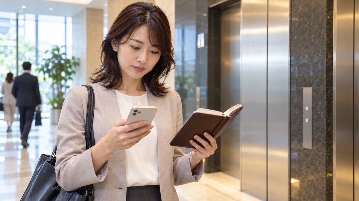 平日の朝、オフィスビルの明るいエレベーターホールで、30代の女性会社員がエレベーターを待ちながら、片手のスマホの予定と、もう片方の手に持った小さな手帳を見比べている近景。スマホと手帳の文字は読めない