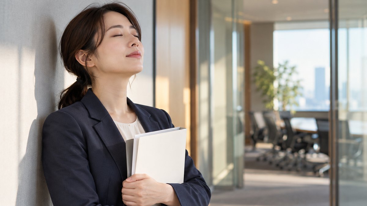 朝、会社の会議室の前の静かな廊下で、30代の女性会社員が壁ぎわに立ち、資料を胸に抱えて目を閉じ、ゆっくり息を吐いている近景。資料の文字は見えない