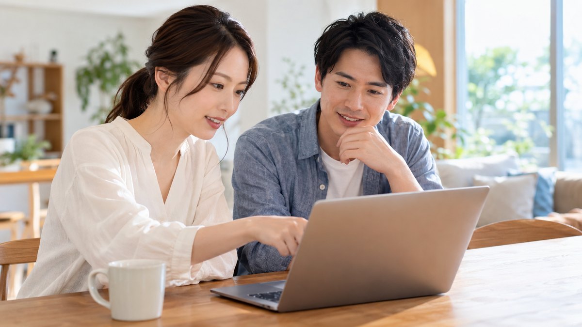 休日の昼、自宅のダイニングテーブルで、30代の夫婦が並んで座り、妻がノートパソコンを指さし、夫がうなずきながら話を聞いている近景。パソコンの画面の文字は見えない