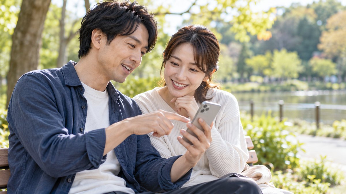 休日の午後、公園のベンチで、30代の夫婦が並んで座り、夫が手に持ったスマホの予定表を妻に見せながら相談している近景。スマホの画面の文字は見えない