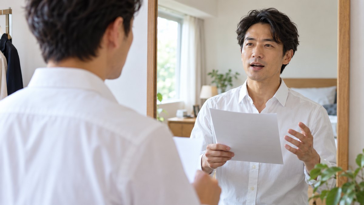 休日の朝、自宅の明るい寝室の姿見の前で、40代の男性がシャツ姿で1枚の原稿を手に持ち、鏡の中の自分を見ながら声に出して読む練習をしている近景。原稿の文字は見えない