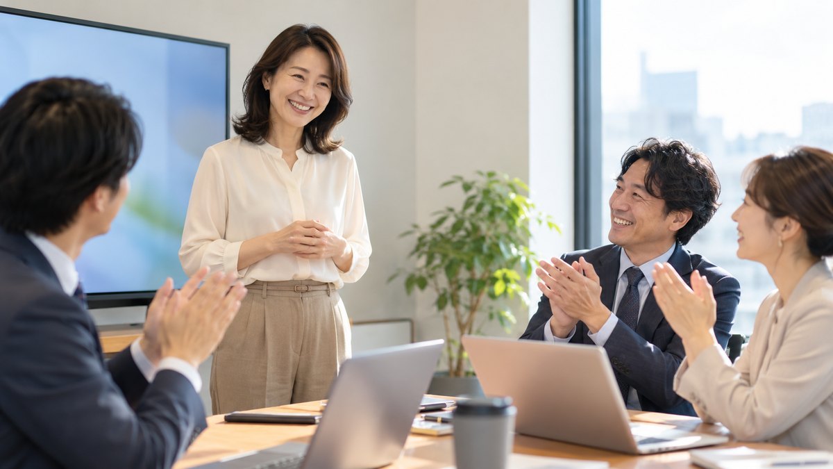 平日の午後、会社の小さな会議室で、40代の女性会社員が同僚3人の前で短い発表を終え、同僚たちが温かくほほえんで拍手している近景。モニターや資料に文字は見えない