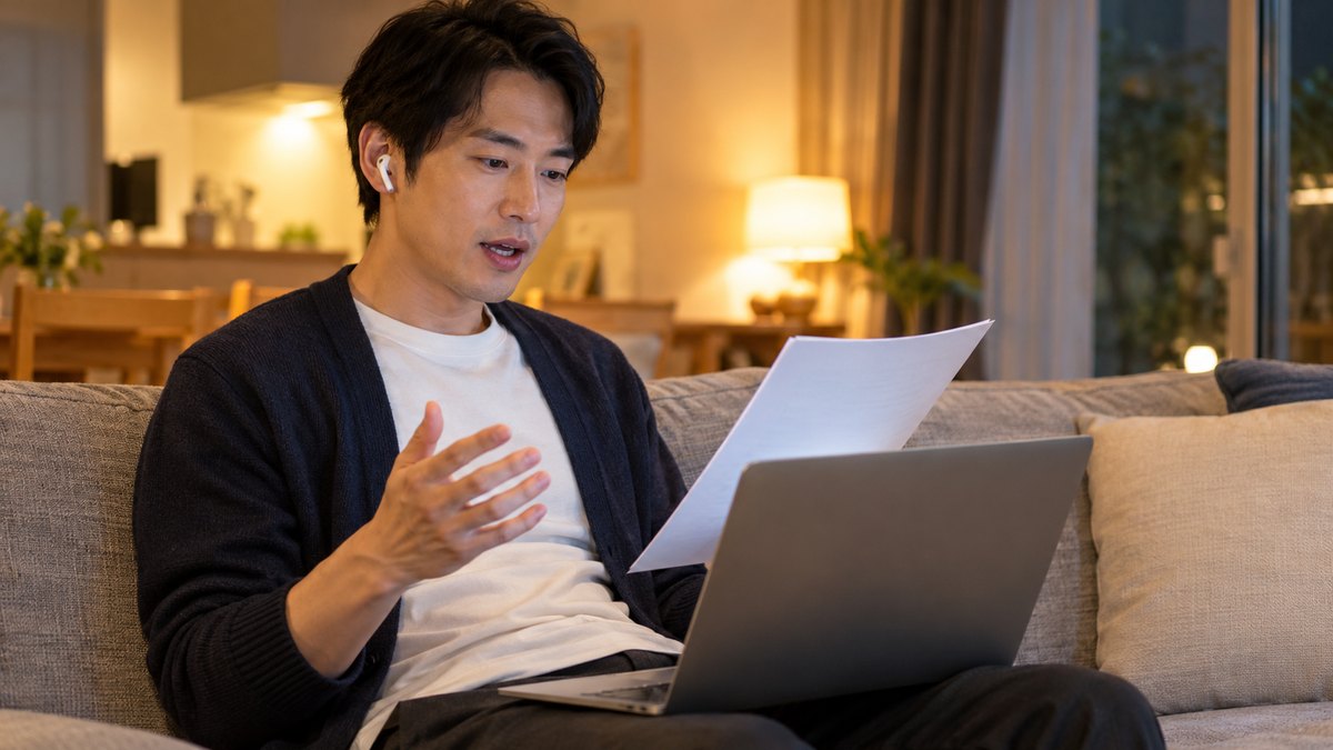 平日の夜、自宅のリビングのソファで、30代の男性がイヤホンをつけてノートパソコンを膝に置き、画面の向こうのオンラインの授業に向かって声を出して原稿を読んでいる近景。パソコンの画面の文字は見えない