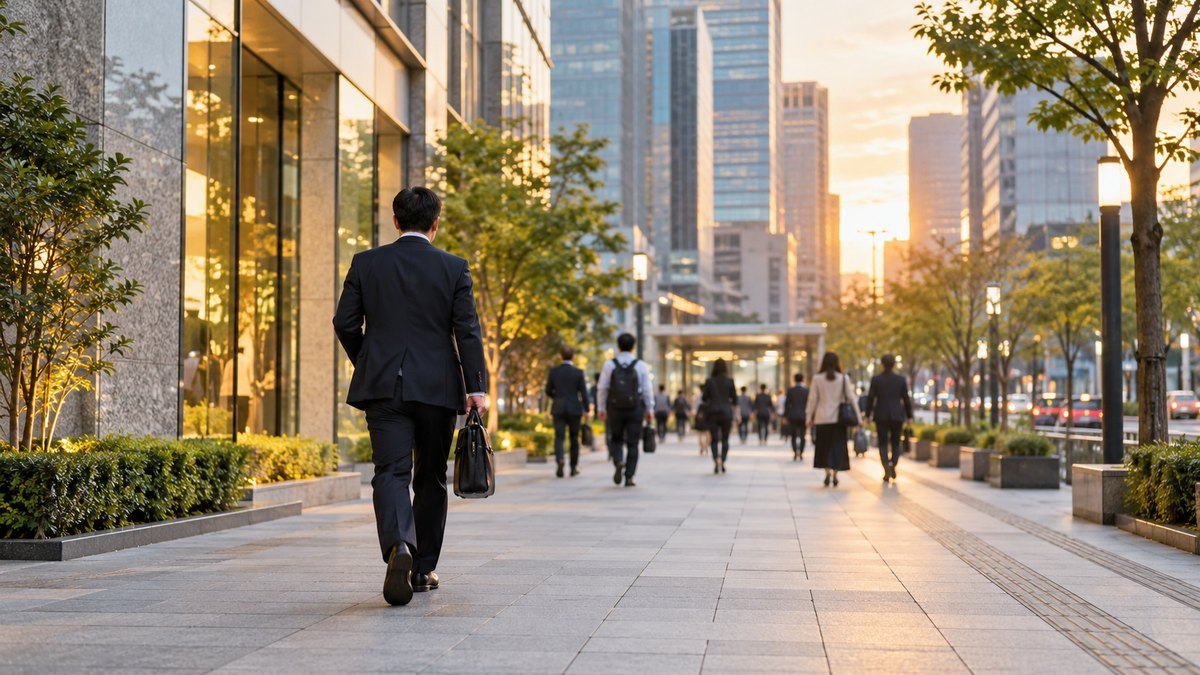 平日の夕方、東京のオフィス街の広い歩道を、40代の男性会社員がビジネスバッグを持ち、前を向いて足早に駅へ向かっている遠景。看板や建物の文字は見えない