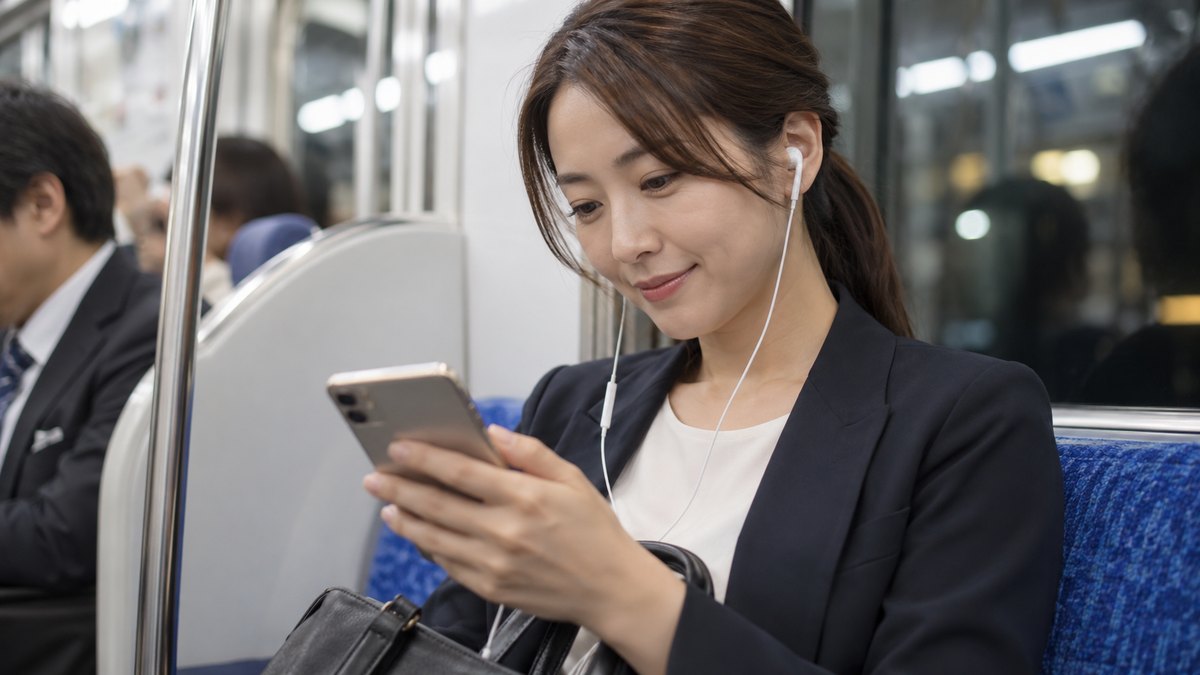 平日の夜、仕事帰りの電車の中で、30代の女性会社員が座席に座り、イヤホンをつけてスマホで録画の授業を見ながら小さくうなずいている近景。スマホの画面の文字は見えない