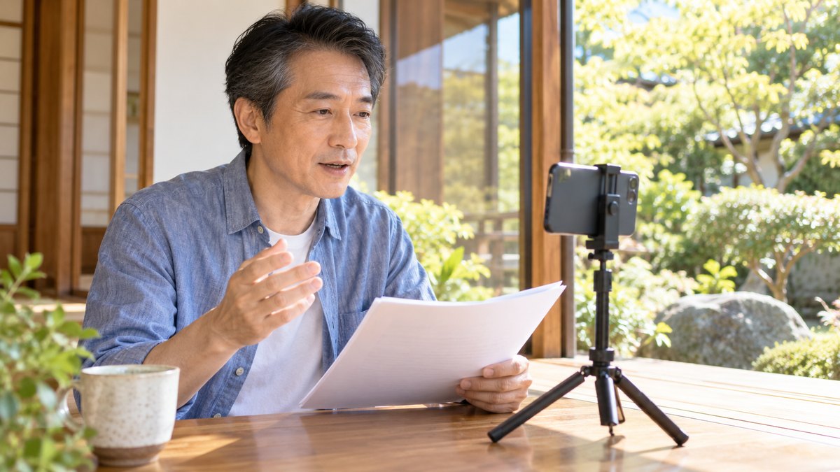 休日の朝、一戸建ての庭に面した明るい縁側で、50代の男性が小さな三脚に立てたスマホに向かい、手元の原稿を見ながら自分の音読を録音している近景。原稿やスマホの文字は見えない