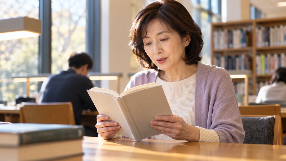 平日の夕方、図書館の静かな閲覧席で、50代の女性が本を両手で持ち、小さな声で朗読の練習をしている近景。本の文字は読めない