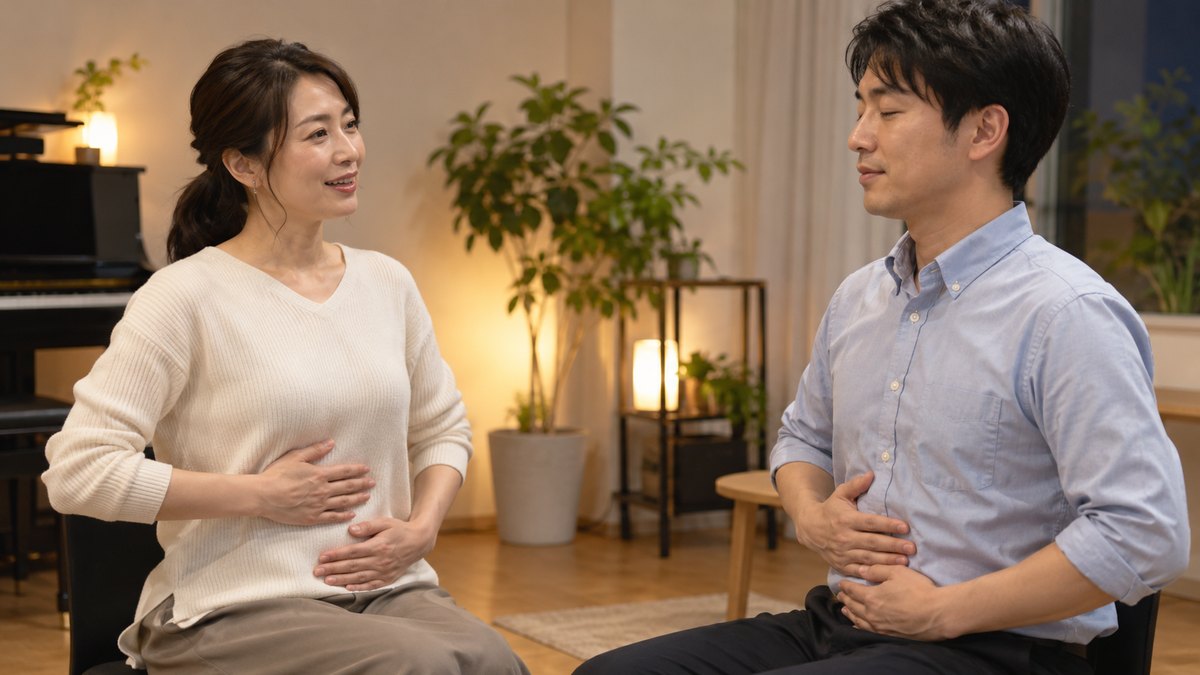 平日の夜、小さなレッスンルームで、40代の女性講師と30代の男性会社員が向かい合って座り、講師が自分のおなかに手を当てて呼吸のしかたを見せ、男性がまねをしている近景。壁や机に文字は見えない