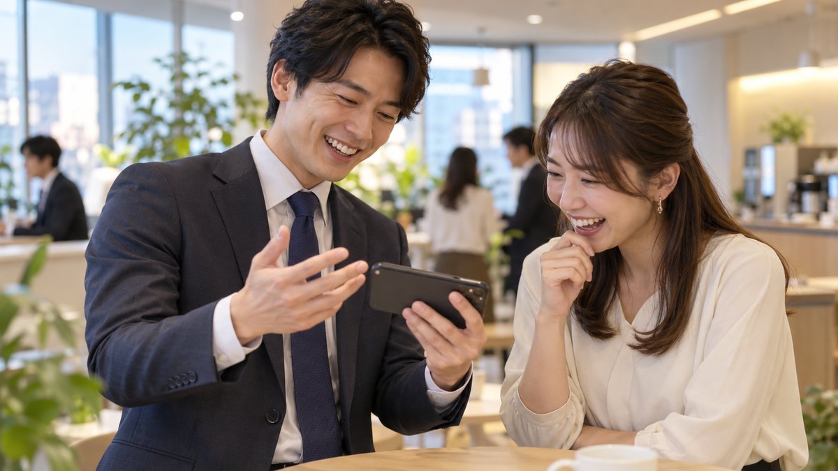 平日の夕方、会社の明るい休憩スペースの立ち席で、30代の男性会社員が同僚の女性に、スマホで録った自分の話す練習の動画を見せながら笑って話している近景。スマホの画面の文字は見えない