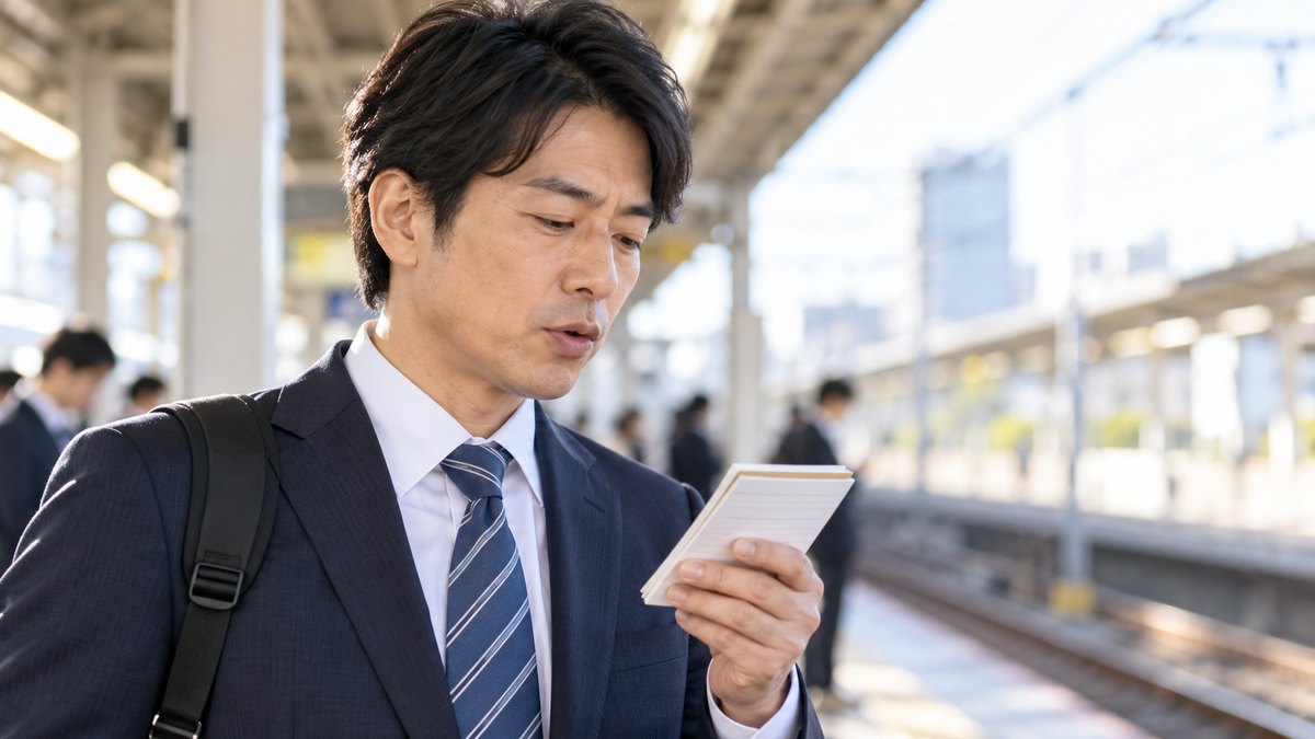 平日の朝、駅のホームで電車を待つ40代の男性会社員が、片手に持った小さなメモを見ながら、口を小さく動かして声を出さずに練習している近景。メモや駅の文字は見えない