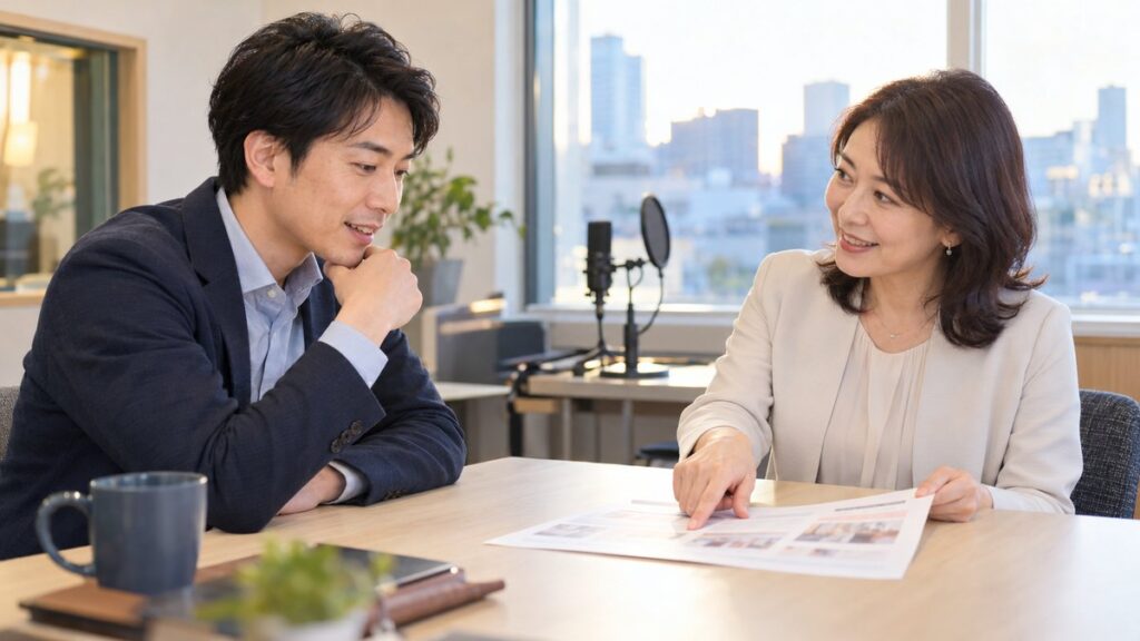 アナウンススクールの体験のあと、教室の窓ぎわのテーブルで女性講師と案内の紙を見ながら相談する男性会社員