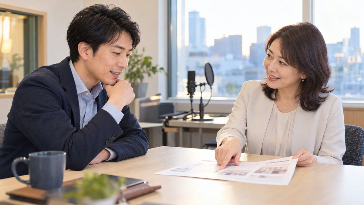 アナウンススクールの体験のあと、教室の窓ぎわのテーブルで女性講師と案内の紙を見ながら相談する男性会社員