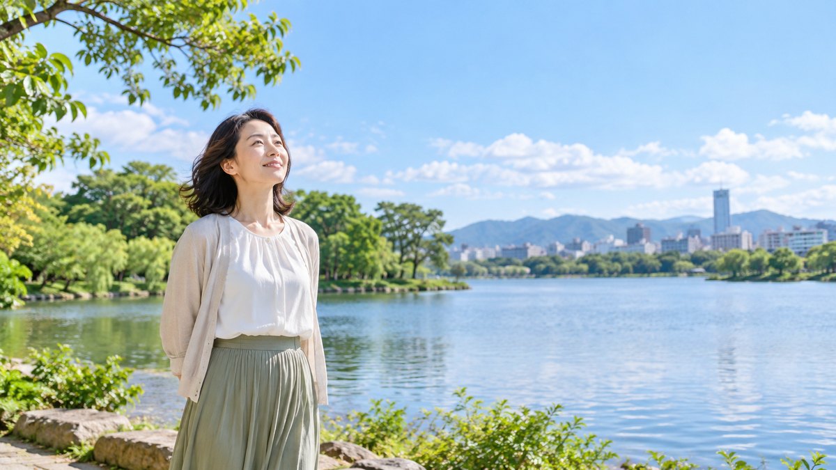 休日の朝、福岡の大きな池のある緑の公園のほとりで、40代の女性が池を背に立ち、晴れた空を見上げて穏やかにほほえんでいる遠景。看板や文字は見えない