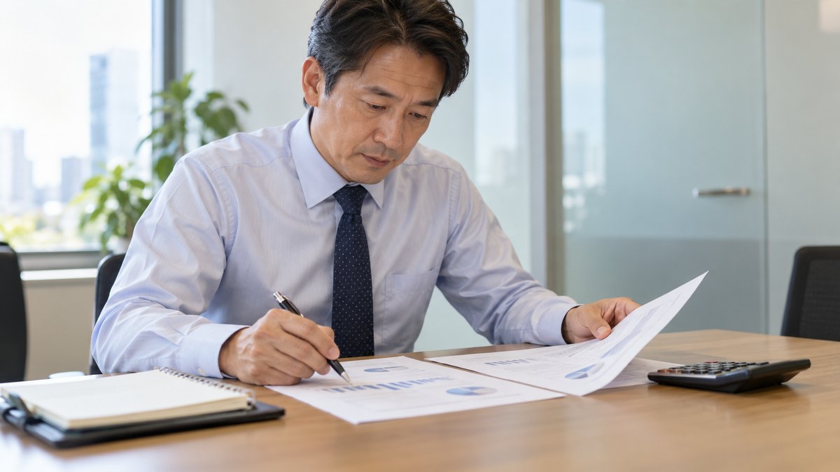 平日の昼休み、オフィスの小さな会議室で、40代の男性会社員がノートと電卓を前に座り、印刷した2枚の資料を並べてボールペンで印をつけながら見比べている近景。資料と電卓の文字や数字は読めない