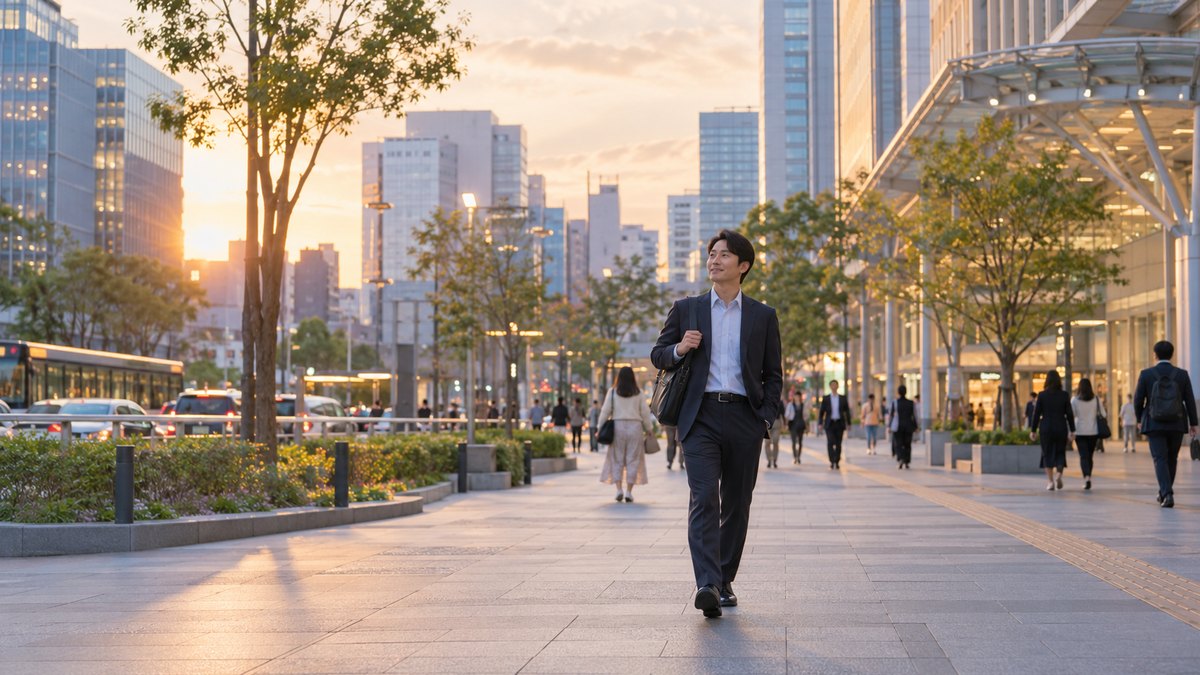 夕方、福岡の博多駅前の広い歩道を、30代の男性会社員がビジネスバッグを肩にかけ、ビル群を背に穏やかな表情で歩いている遠景。看板や標識の文字は見えない