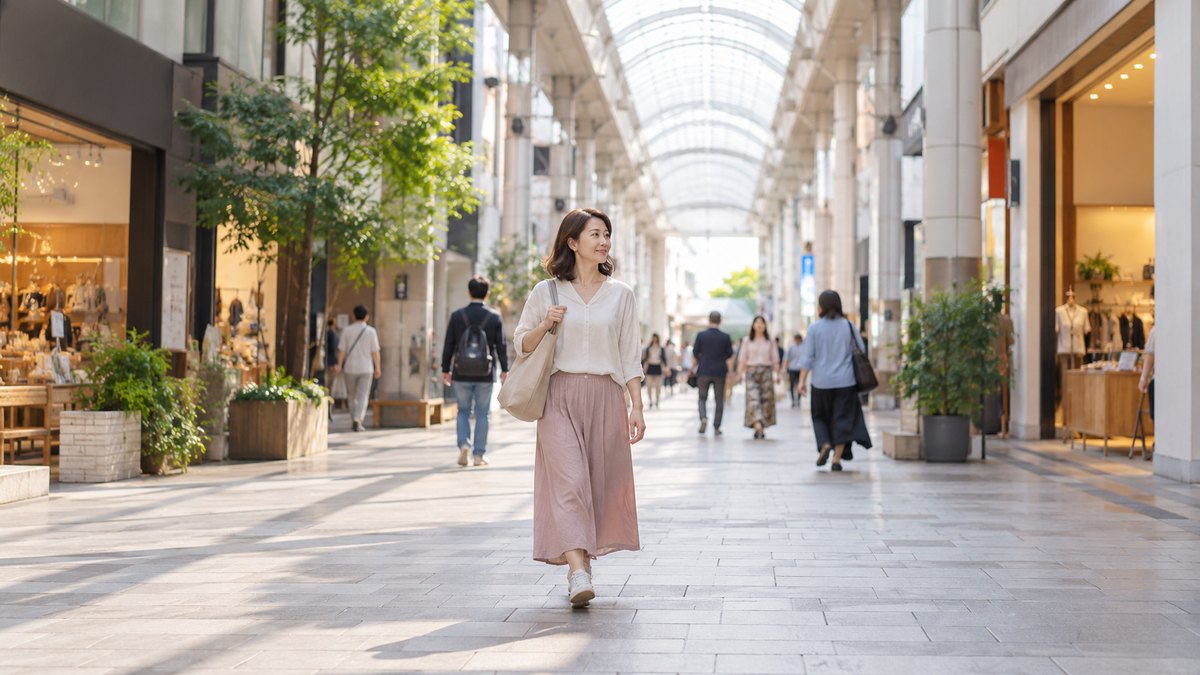 休日の午後、熊本の街なかの屋根のある明るい商店街を、40代の女性がトートバッグを肩にかけてゆっくり歩いている遠景。店の看板や文字は見えない