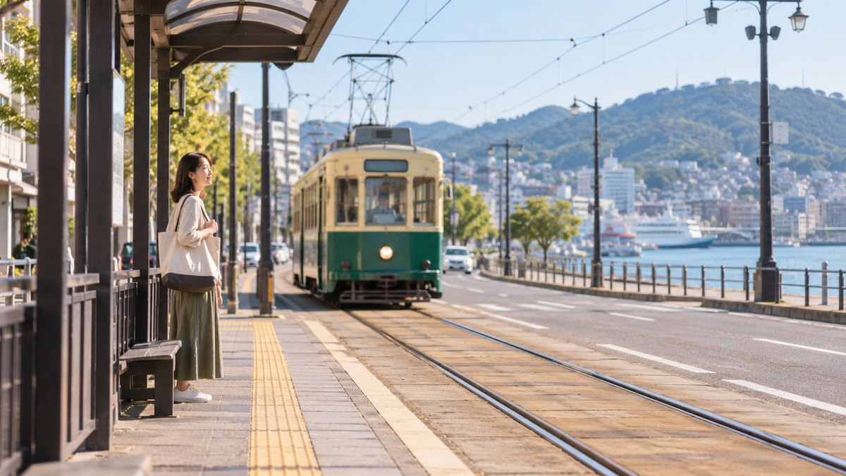 休日の朝、長崎の路面電車が走る通りの電停で、30代の女性がトートバッグを持って電車を待ちながら、穏やかに前を見ている遠景。電車や看板に文字やロゴは見えない