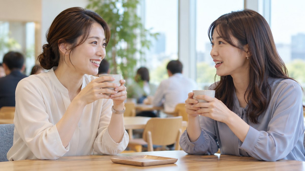 平日の昼、明るい社員食堂の窓ぎわのテーブルで、30代の女性会社員2人がお茶の入った湯のみを手に、向かい合って穏やかに話している近景。文字は無い