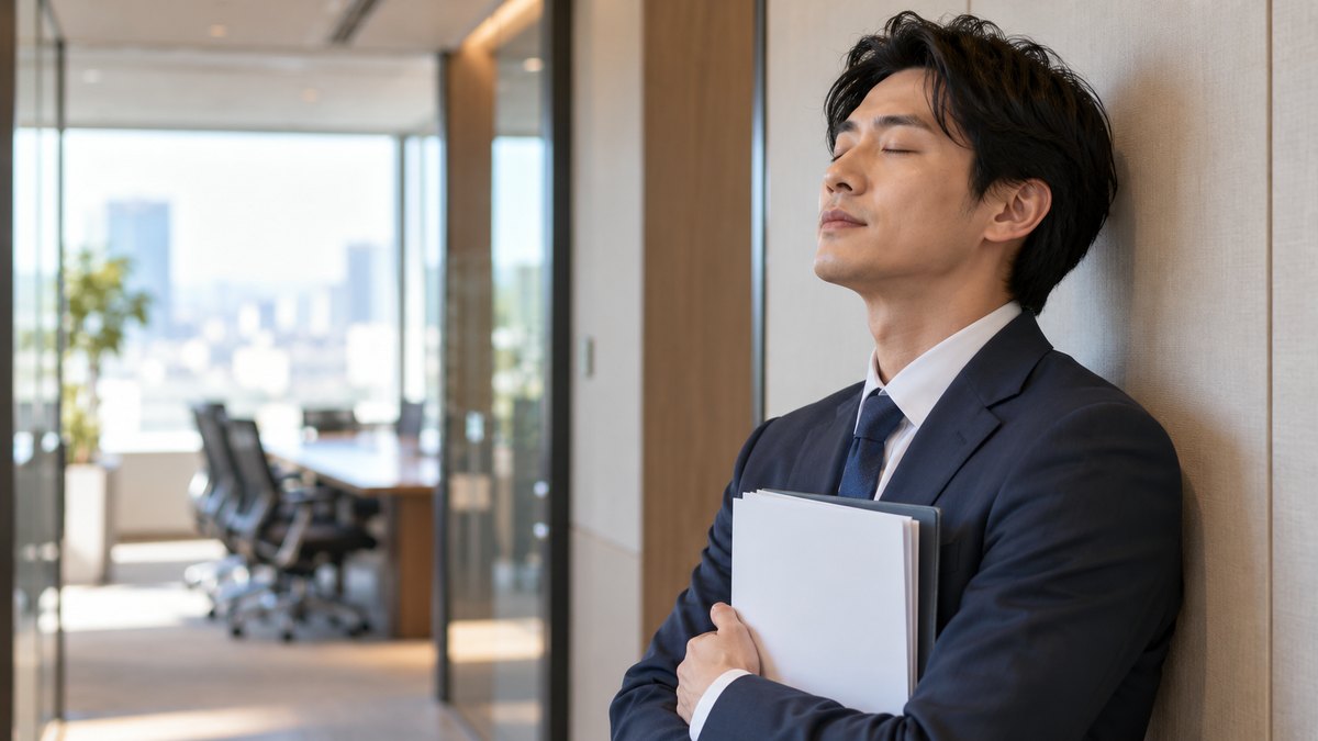 朝、会社の会議室の前の静かな廊下で、30代の男性会社員が壁ぎわに立ち、資料を胸に抱えて目を閉じ、ゆっくり息を吐いている近景。資料の文字は見えない