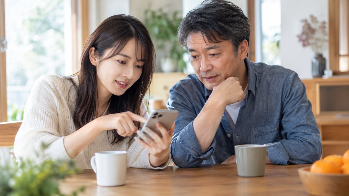休日の昼、実家の明るいダイニングテーブルで、20代後半の娘と50代の父親が並んで座り、娘が手に持ったスマホの地図を2人で見ながら通う道を話し合っている近景。スマホの画面の文字は見えない