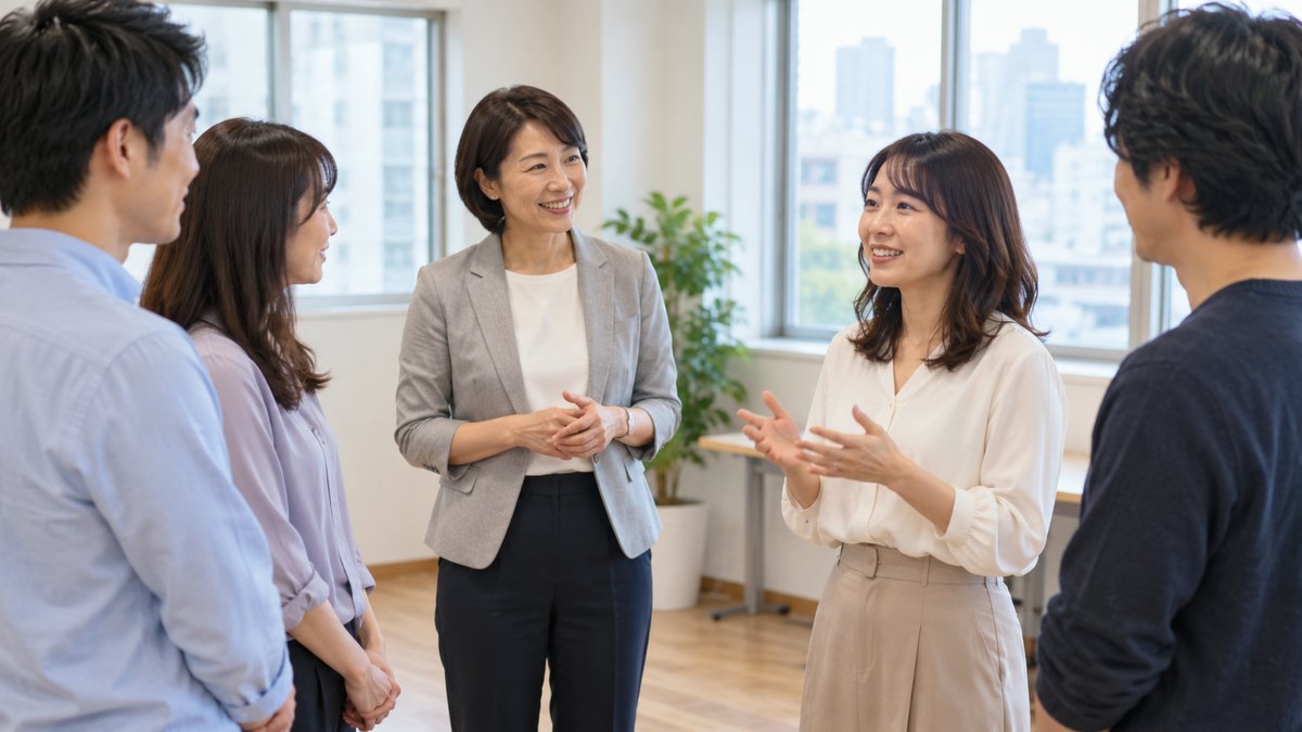休日の午後、ビルの中の明るい小さな教室で、30代と40代の男女5人が輪になって立ち、40代の女性講師の合図で1人ずつ短く話す練習をしている近景。壁や床に文字は見えない